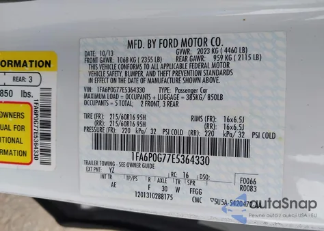 2014 Ford Fusion S z USA, uszkodzony, nr VIN 1FA6P0G77E5364330